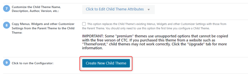 Create New Child Theme